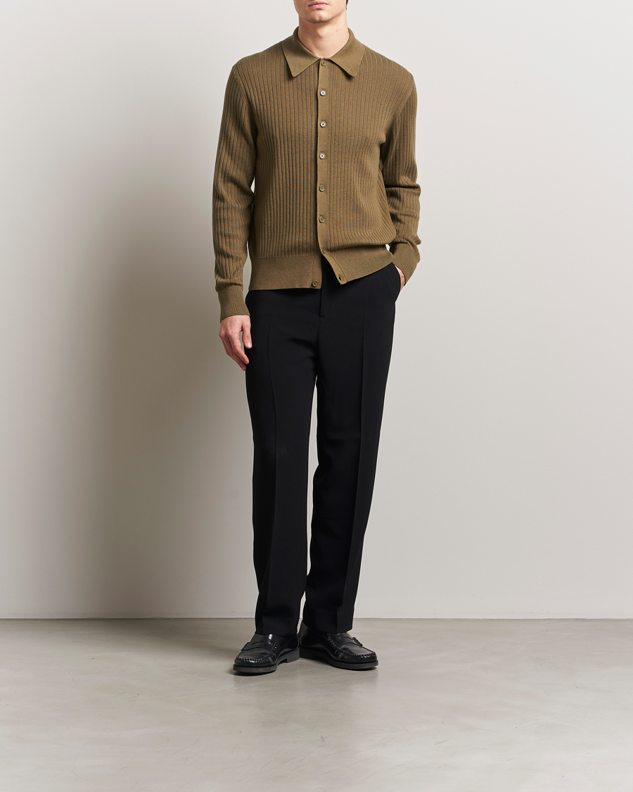 Mies | Puserot | Filippa K | Cotton Merino Ribbed Knitted Cardigan Olive Green