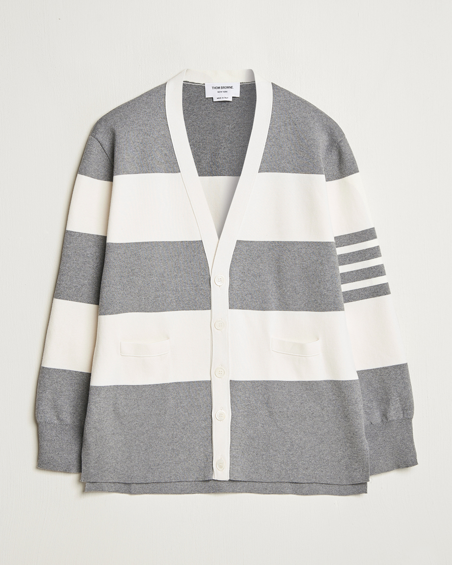 Mies | Puserot | Thom Browne | Rugby Stripe Cotton Cardigan Grey/White