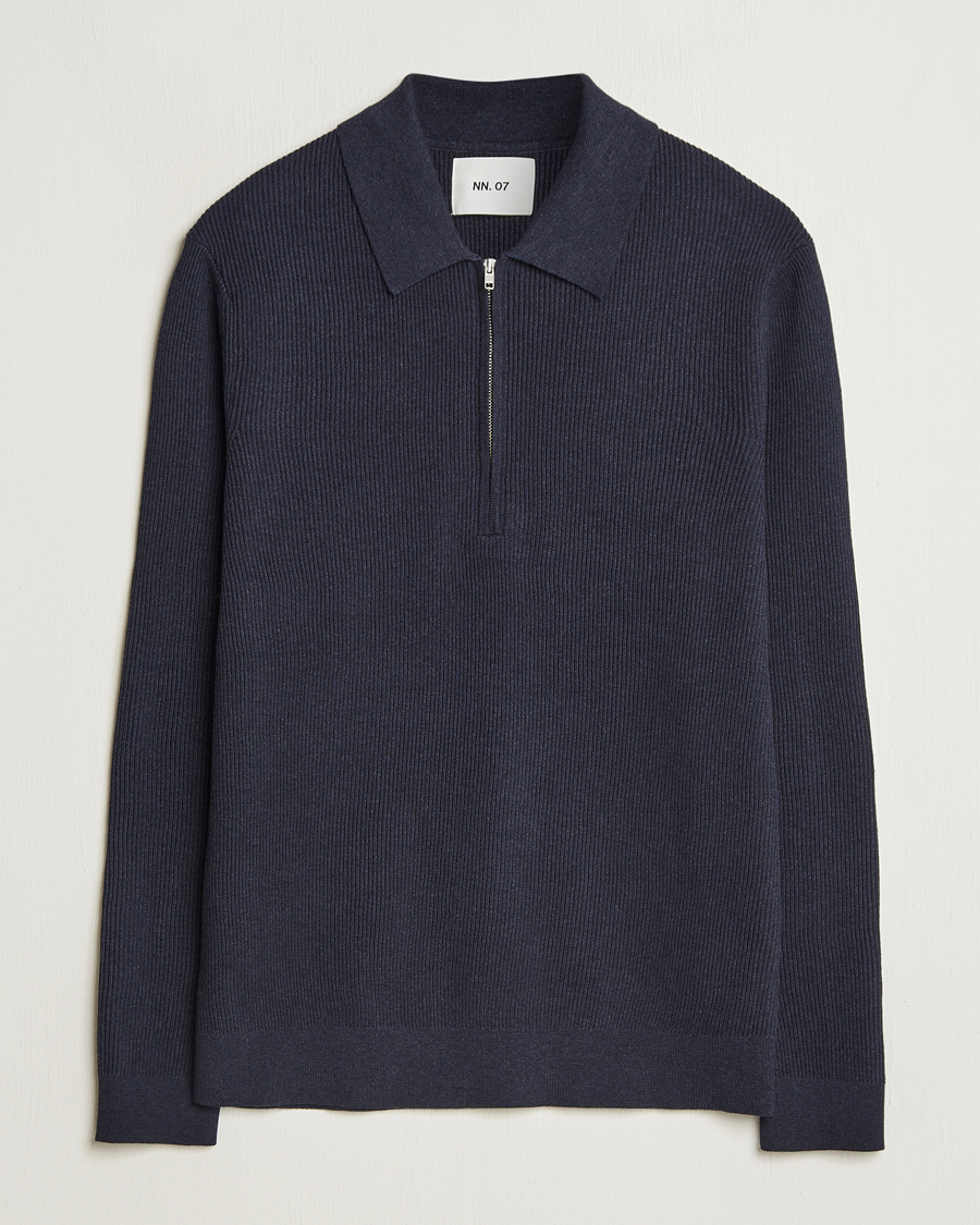 Mies | Puserot | NN07 | Hansie Ribbed Knitted Half Zip Navy Melange