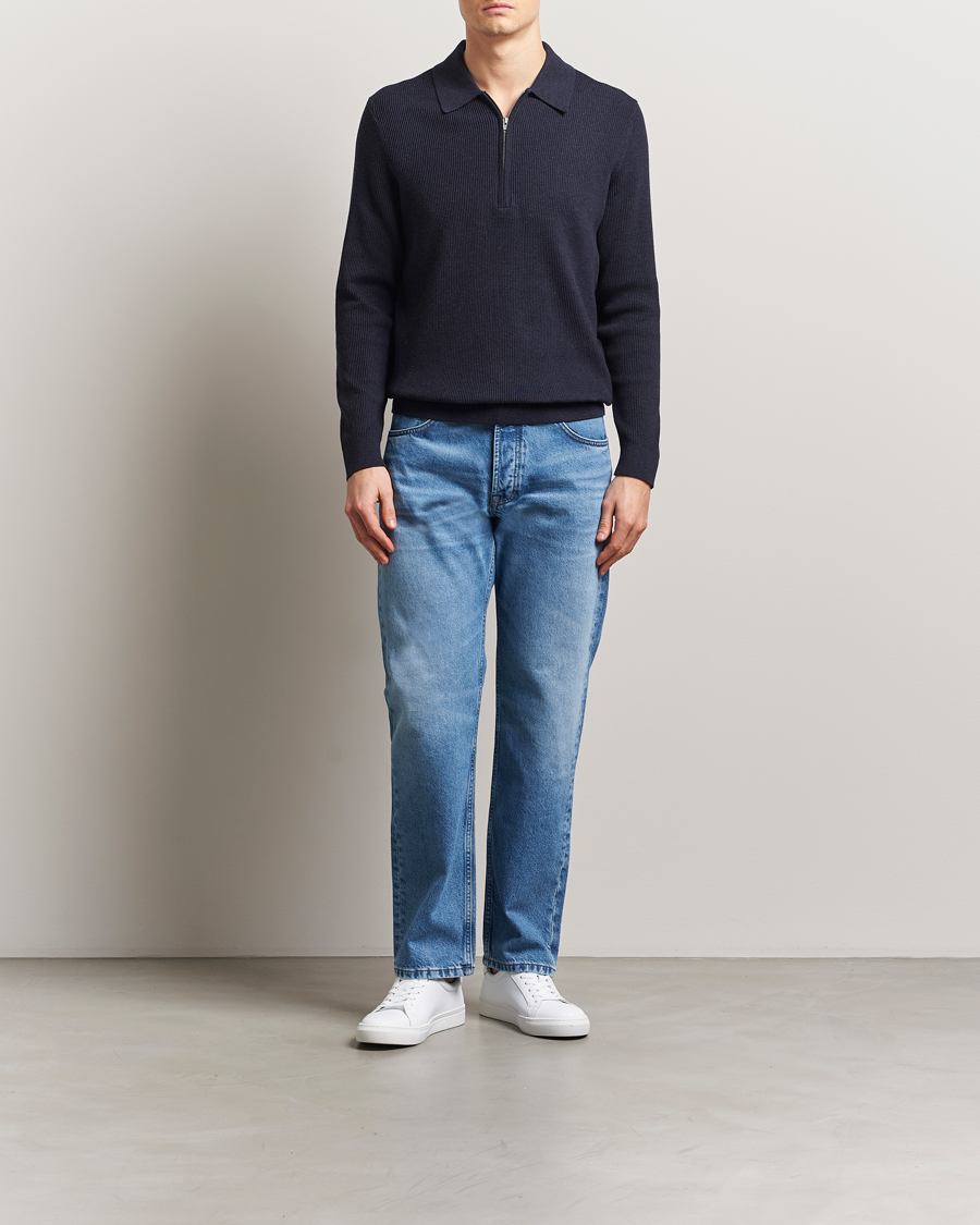 Mies | Puserot | NN07 | Hansie Ribbed Knitted Half Zip Navy Melange
