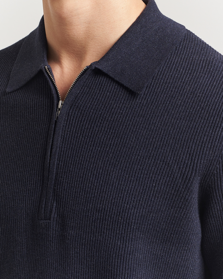Mies | Puserot | NN07 | Hansie Ribbed Knitted Half Zip Navy Melange