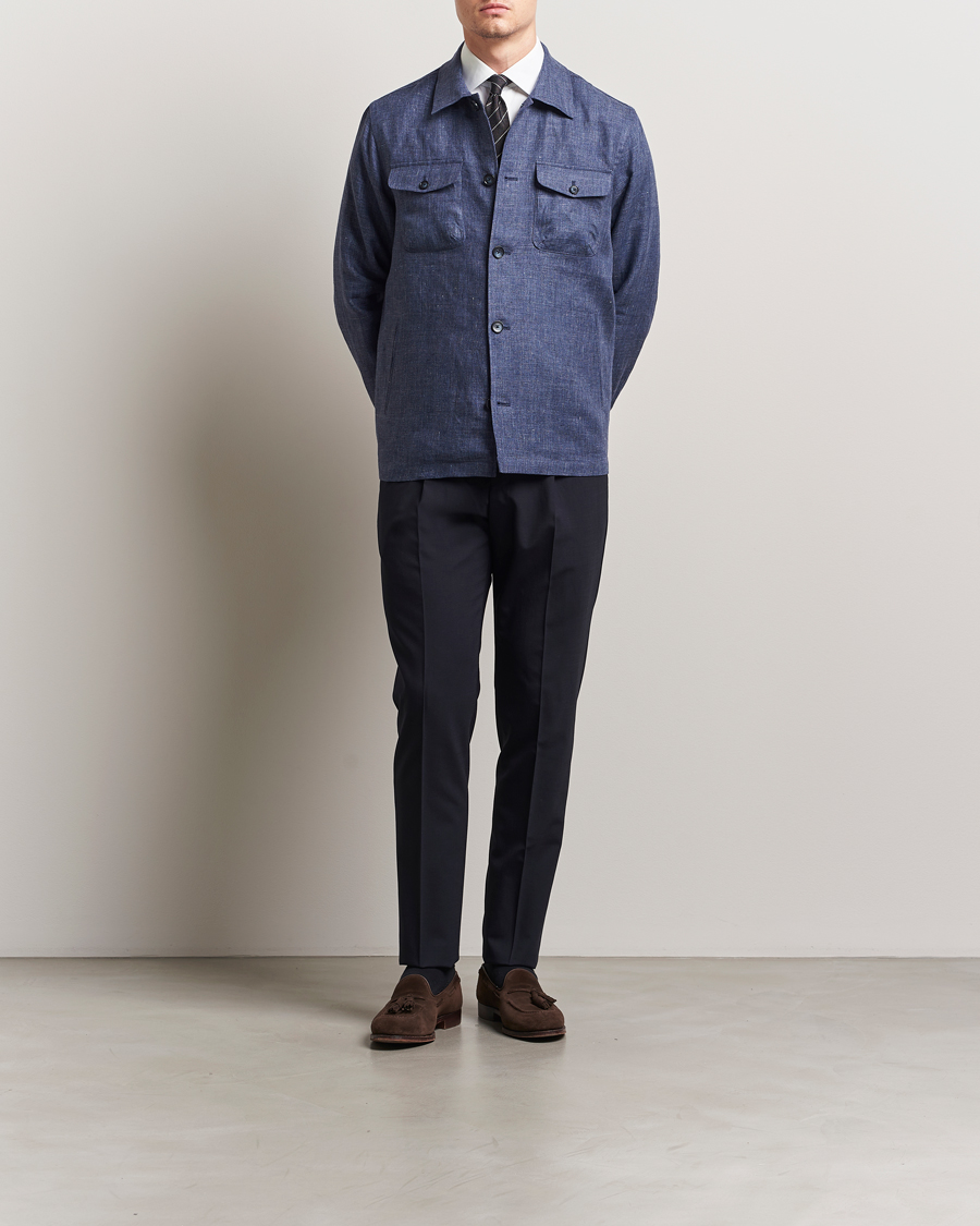 Mies | Kauluspaidat | Eton | Linen Four Pocket Overshirt Navy Blue