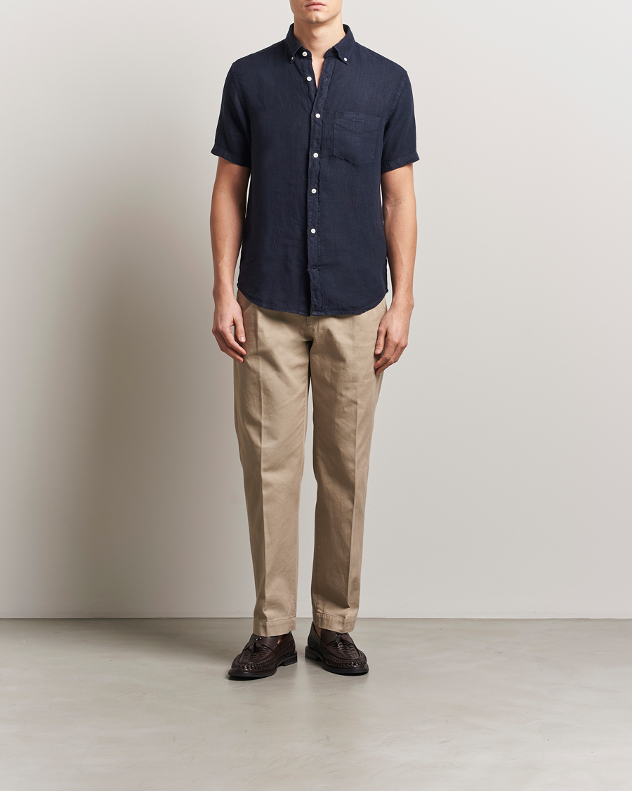 Mies | Kauluspaidat | Gant | Regular Fit Garment Dyed Short Sleeve Linen Shirt Evening Blue