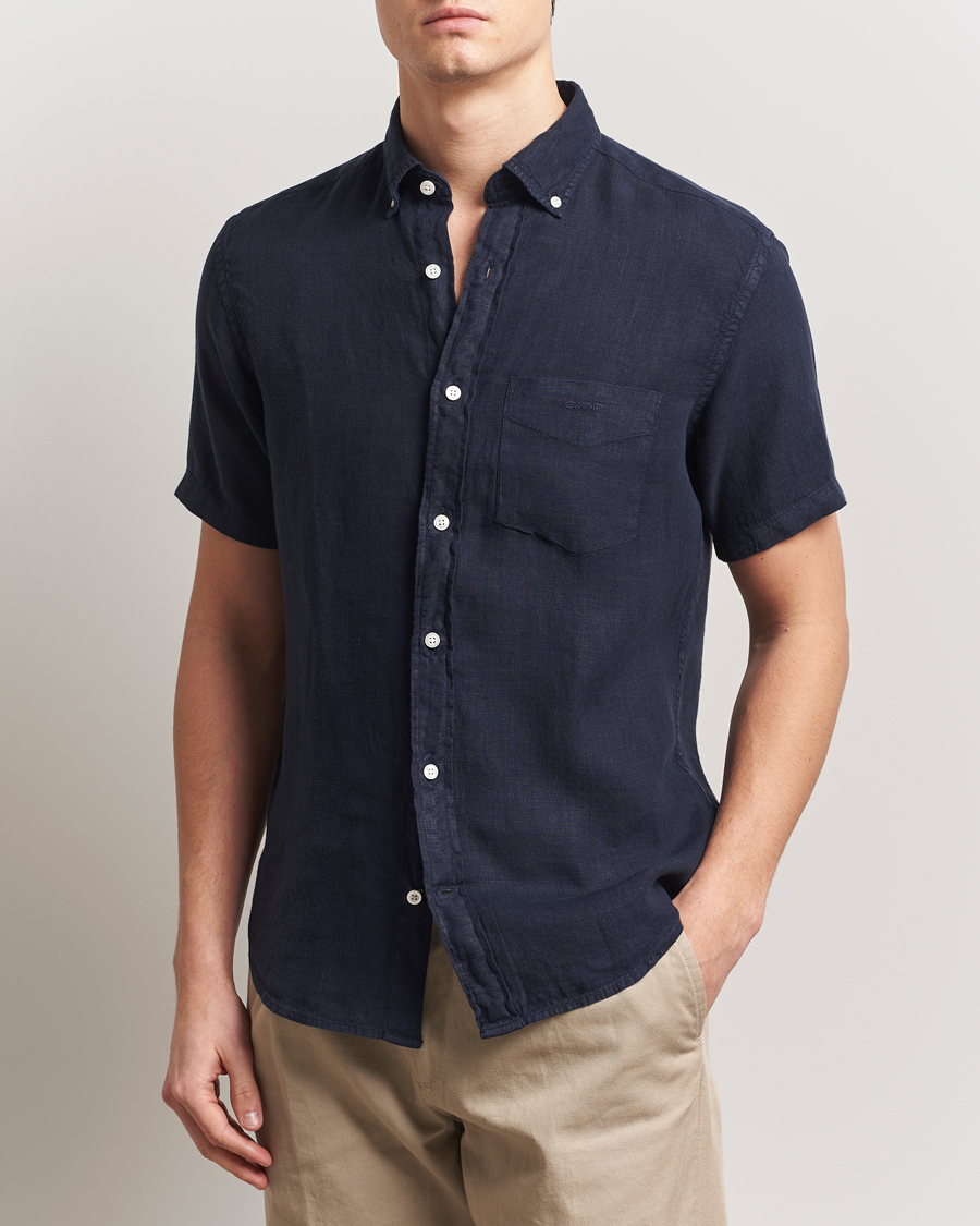 Mies | Kauluspaidat | Gant | Regular Fit Garment Dyed Short Sleeve Linen Shirt Evening Blue