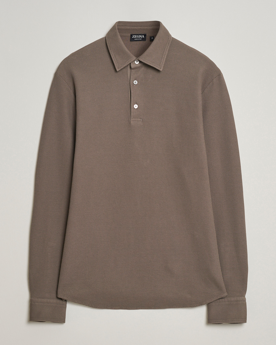 Mies | Puserot | Zegna | Cotton Piquet Long Sleeve Polo Brown