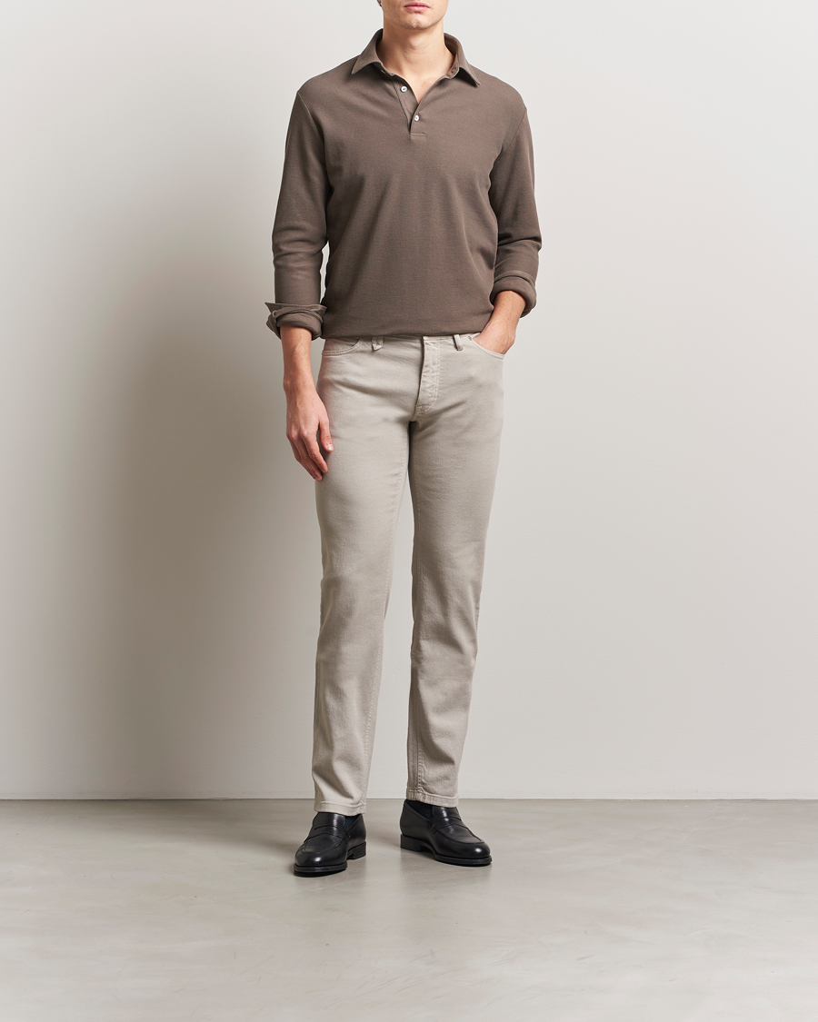 Mies | Puserot | Zegna | Cotton Piquet Long Sleeve Polo Brown