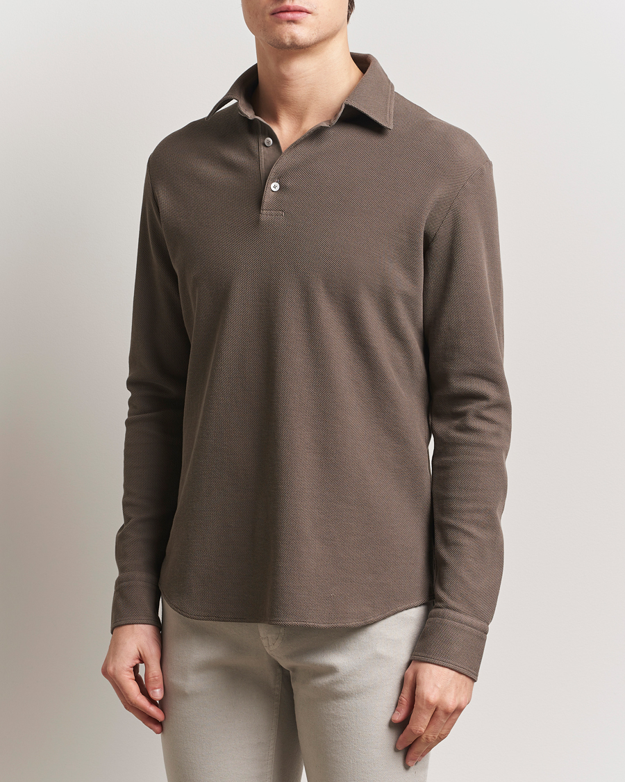 Mies | Puserot | Zegna | Cotton Piquet Long Sleeve Polo Brown
