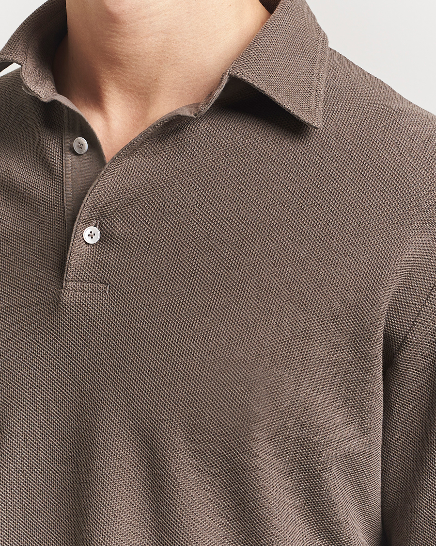Mies | Puserot | Zegna | Cotton Piquet Long Sleeve Polo Brown