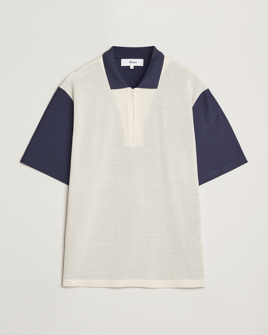 Mies | Pikeet | Palmes | Textured Zip Polo White/Navy