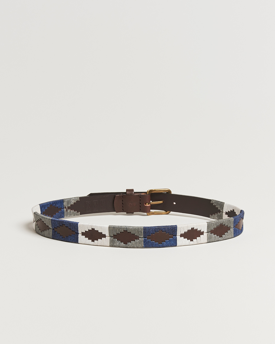 Mies | Vyöt | Pampeano | Roca Hand Stitched Classic Leather Belt 3,5cm Blue/Grey/White