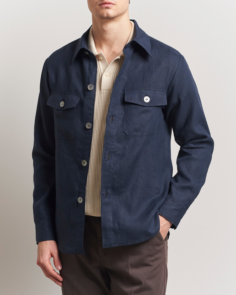 Mies | Kauluspaidat | Oscar Jacobson | Maverick Linen Shirt Jacket Navy