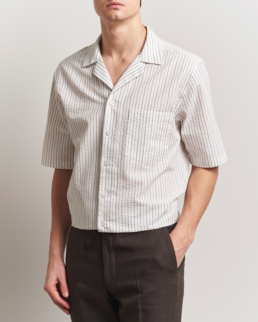 Mies | Kauluspaidat | Oscar Jacobson | Cuban Short Sleeve Seersucker Shirt White