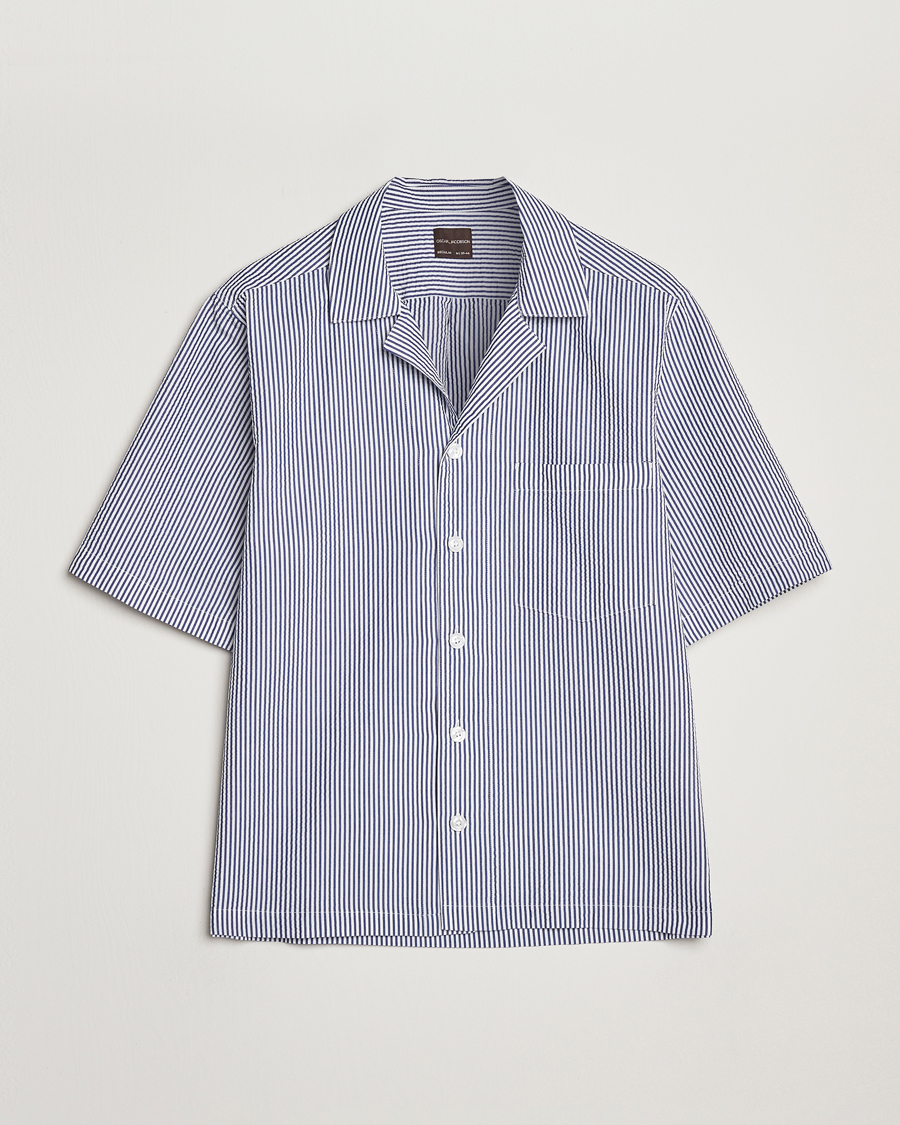 Mies | Kauluspaidat | Oscar Jacobson | Cuban Short Sleeve Seersucker Shirt Blue/White