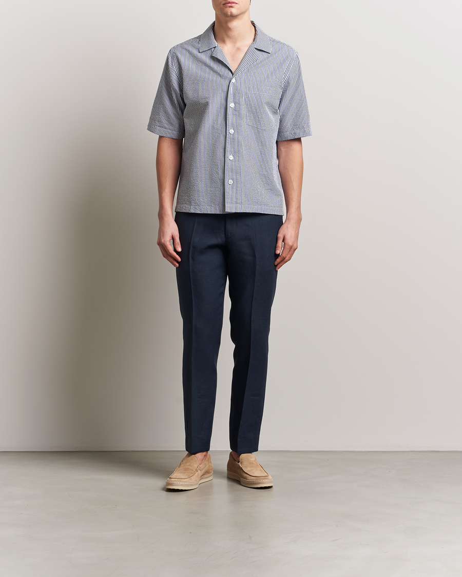 Mies | Kauluspaidat | Oscar Jacobson | Cuban Short Sleeve Seersucker Shirt Blue/White