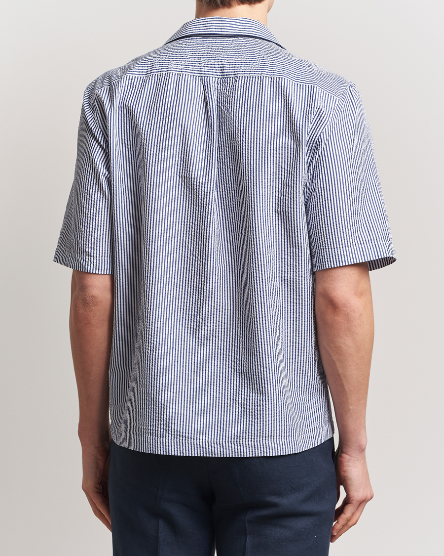 Mies | Kauluspaidat | Oscar Jacobson | Cuban Short Sleeve Seersucker Shirt Blue/White