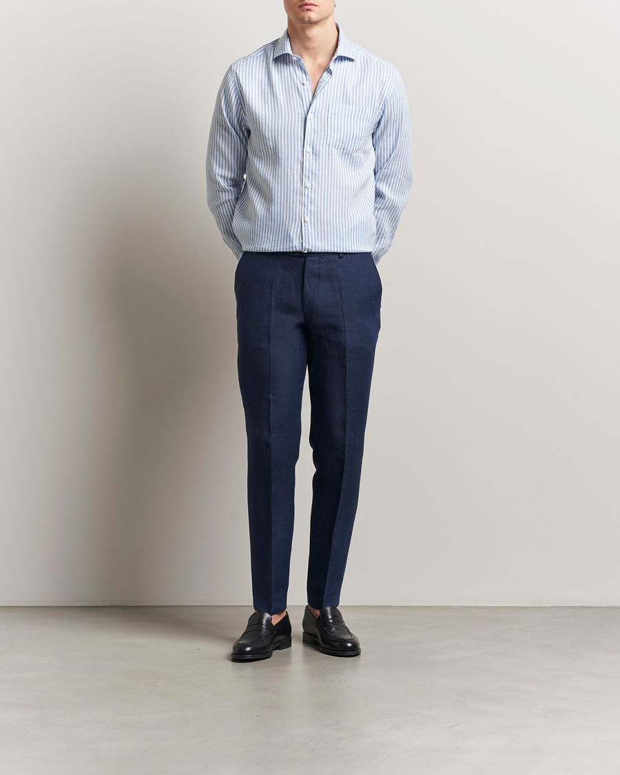Mies | Kauluspaidat | Oscar Jacobson | Wide Spread Linen/Cotton Venetian Stripe Shirt Blue