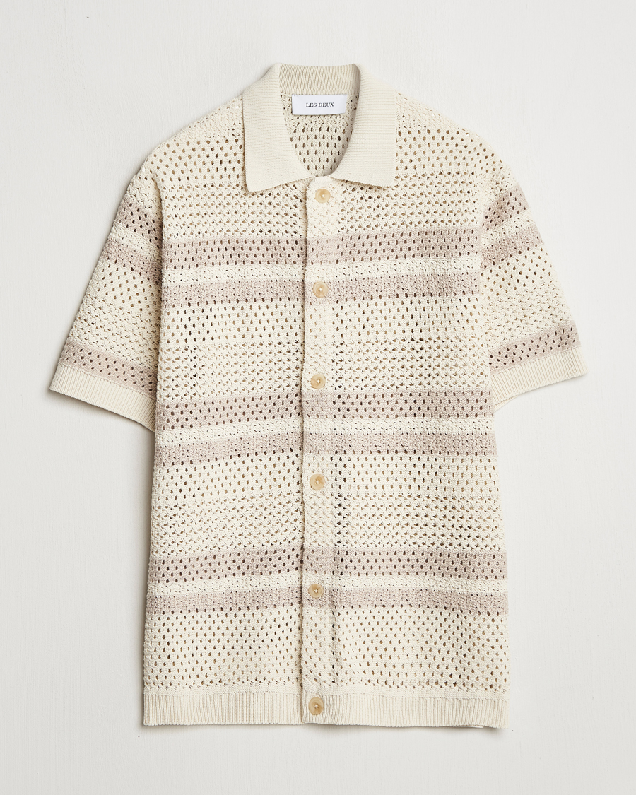 Mies | Kauluspaidat | LES DEUX | Gianni Striped Knitted Short Sleeve Shirt Ivory