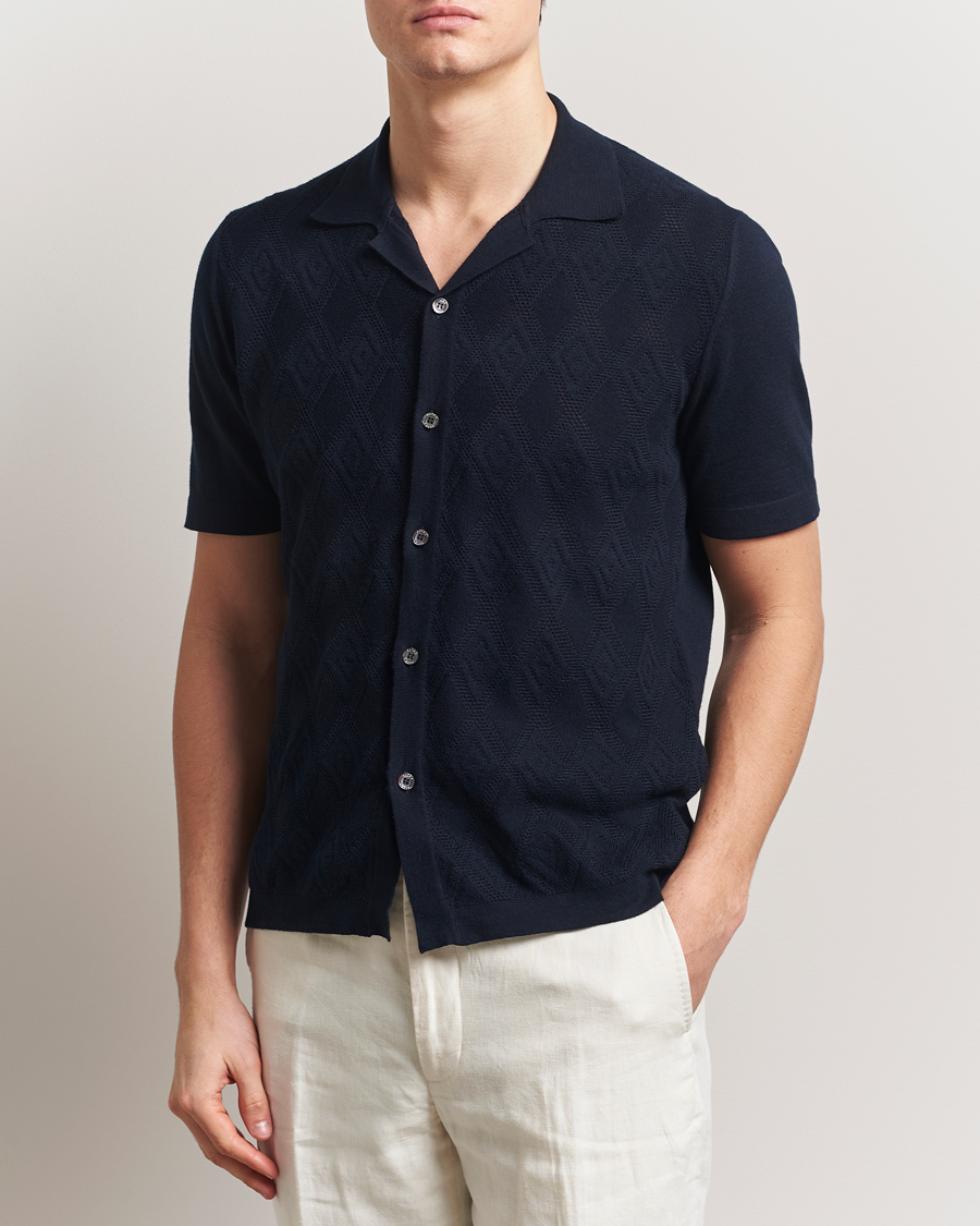 Mies | Kauluspaidat | Altea | Jacquard Knit Camp Shirt Navy