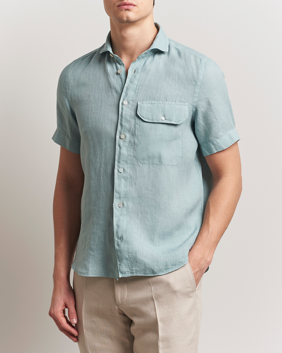 Mies | Kauluspaidat | Finamore Napoli | Linen Short Sleeve Sport Shirt Teal