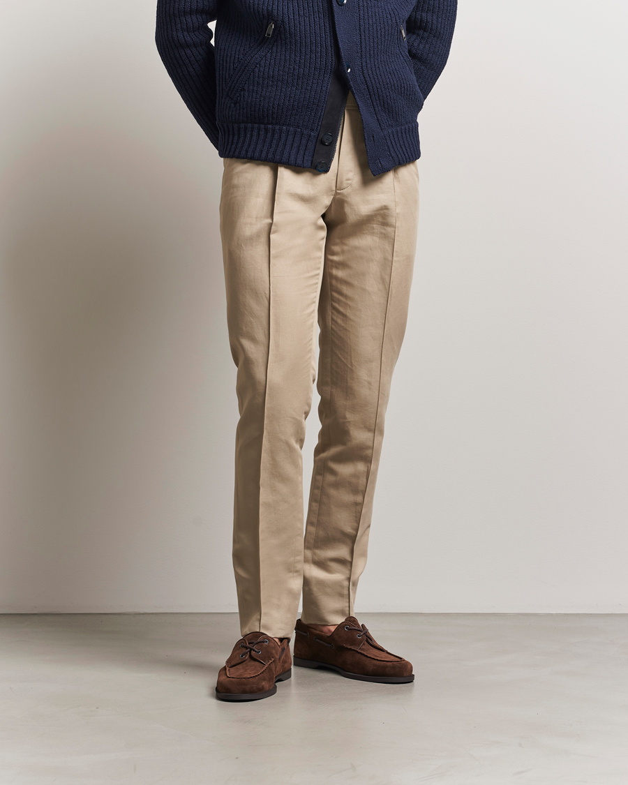 Mies | Housut | Brioni | Cotton/Linen Pleated Trousers Beige