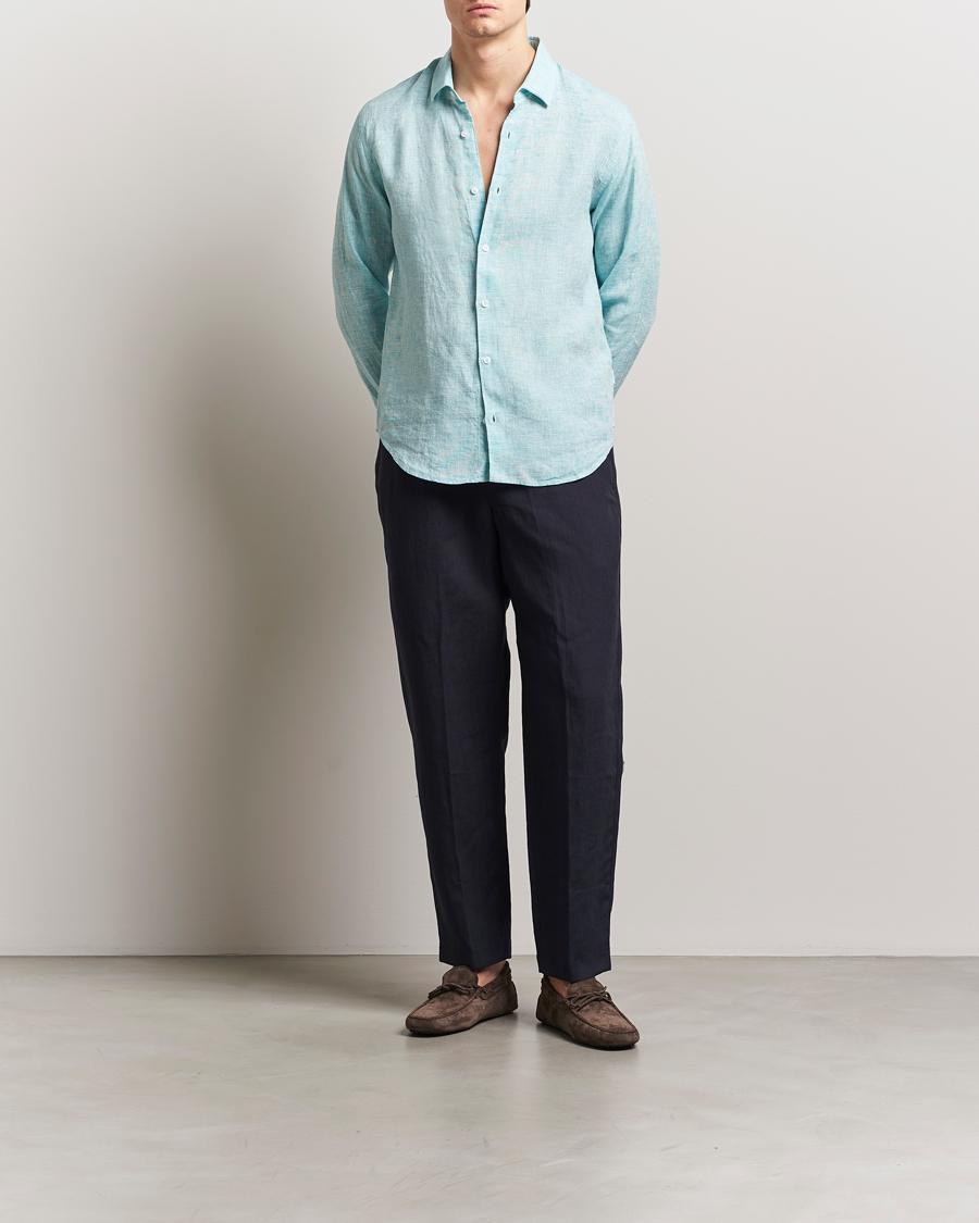 Mies | Kauluspaidat | Orlebar Brown | Giles Long Sleeve Linen Shirt Aqua Blue/White