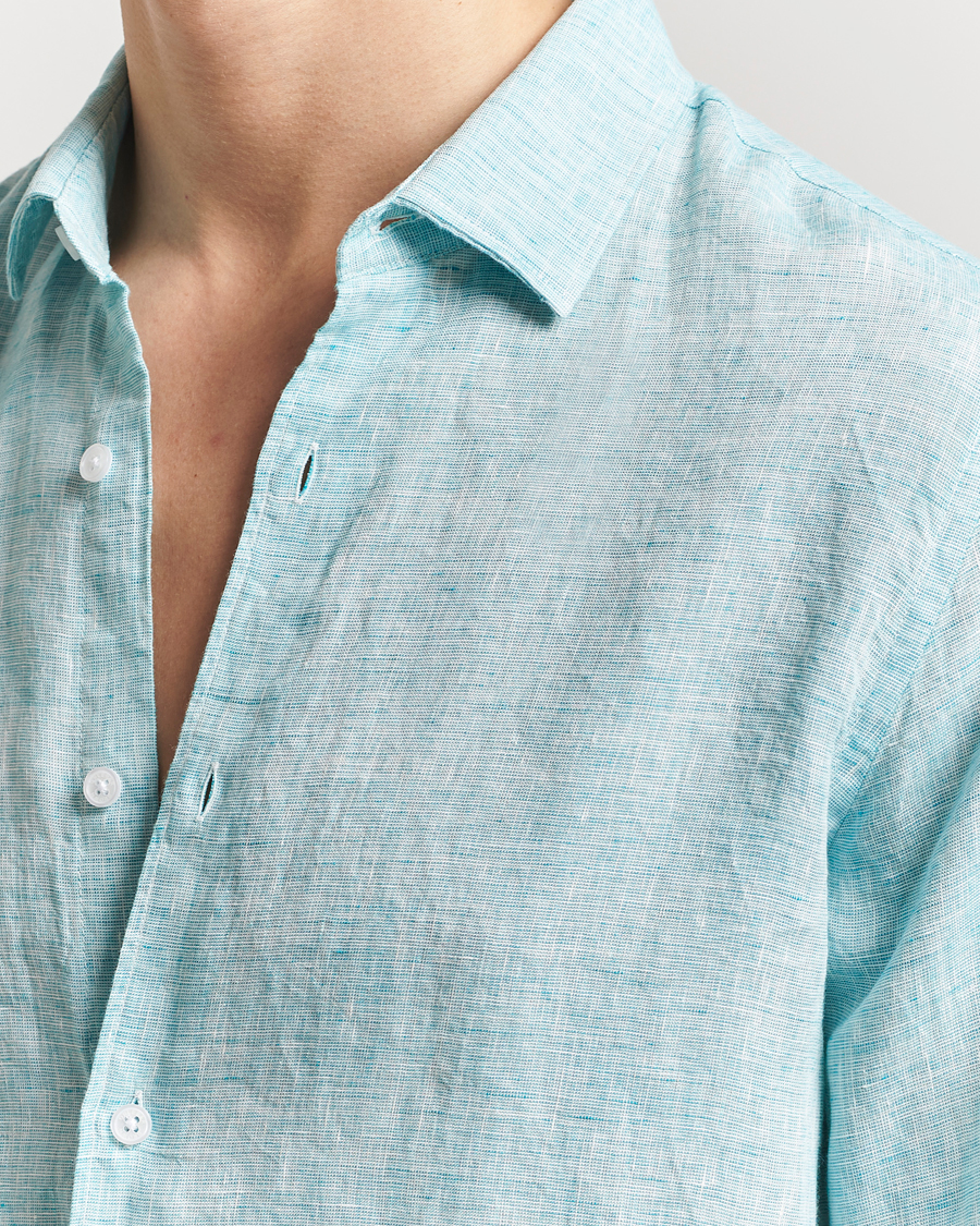 Mies | Kauluspaidat | Orlebar Brown | Giles Long Sleeve Linen Shirt Aqua Blue/White