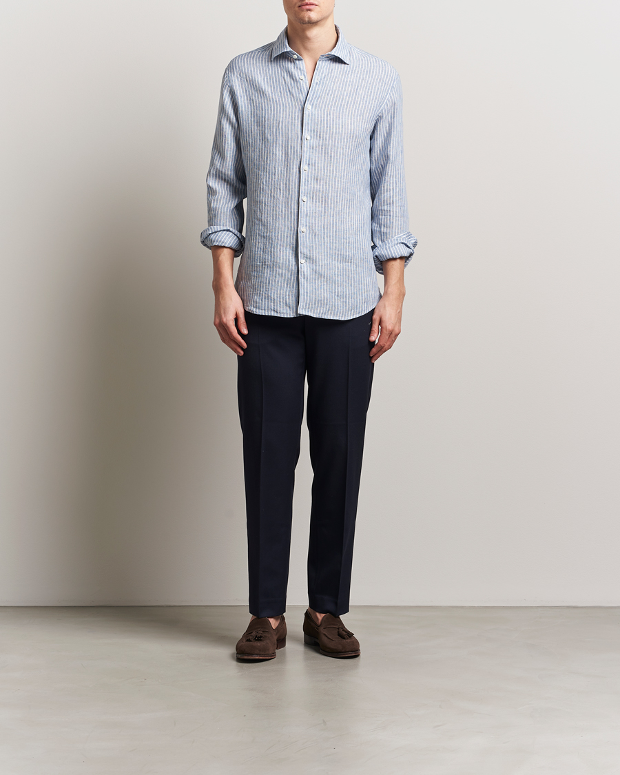 Mies | Kauluspaidat | Stenströms | Fitted Body Striped Linen Shirt Blue