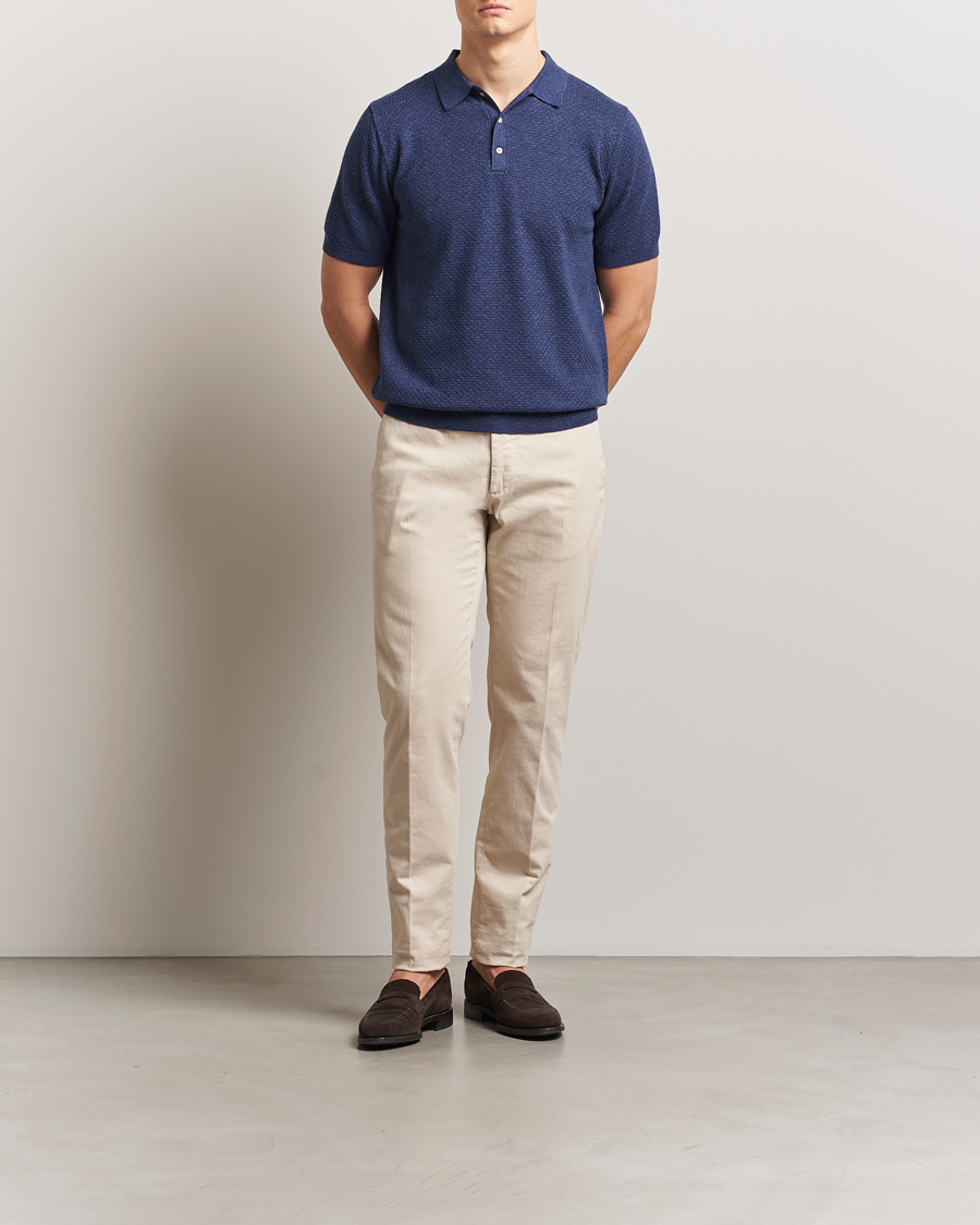 Mies | Pikeet | Stenströms | Knitted Textured Cotton/Hemp Polo Navy