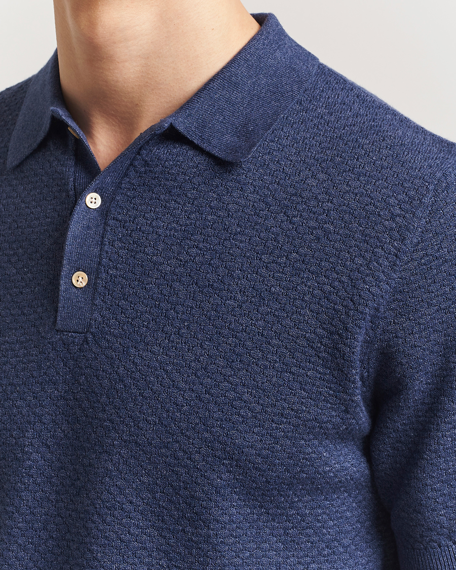 Mies | Pikeet | Stenströms | Knitted Textured Cotton/Hemp Polo Navy