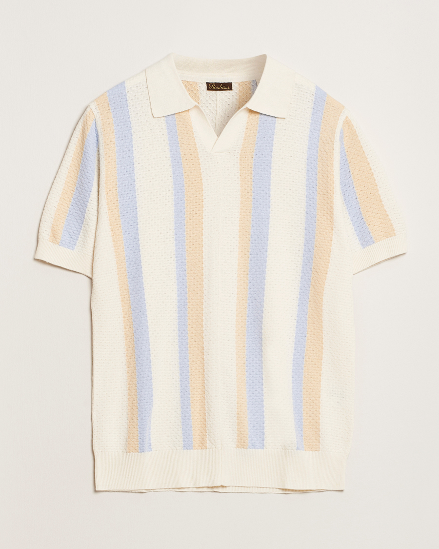 Mies | Pikeet | Stenströms | Knitted Textured Striped Cotton/Hemp Polo Off White