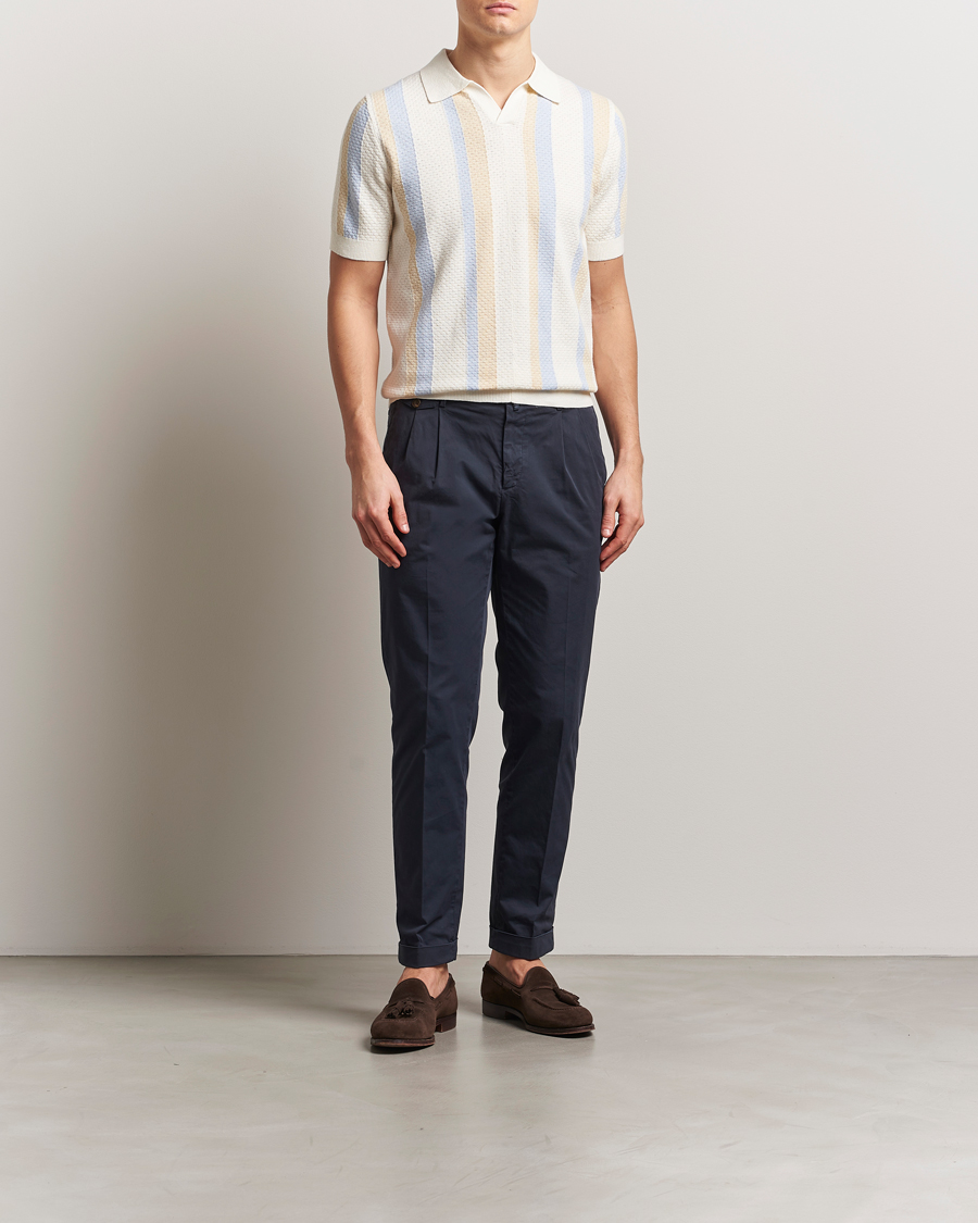 Mies | Pikeet | Stenströms | Knitted Textured Striped Cotton/Hemp Polo Off White