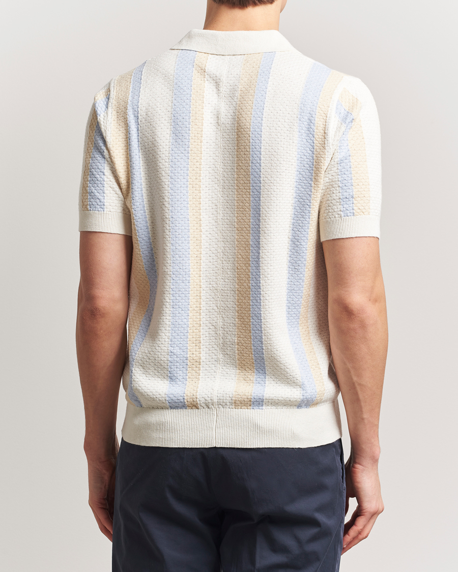 Mies | Pikeet | Stenströms | Knitted Textured Striped Cotton/Hemp Polo Off White