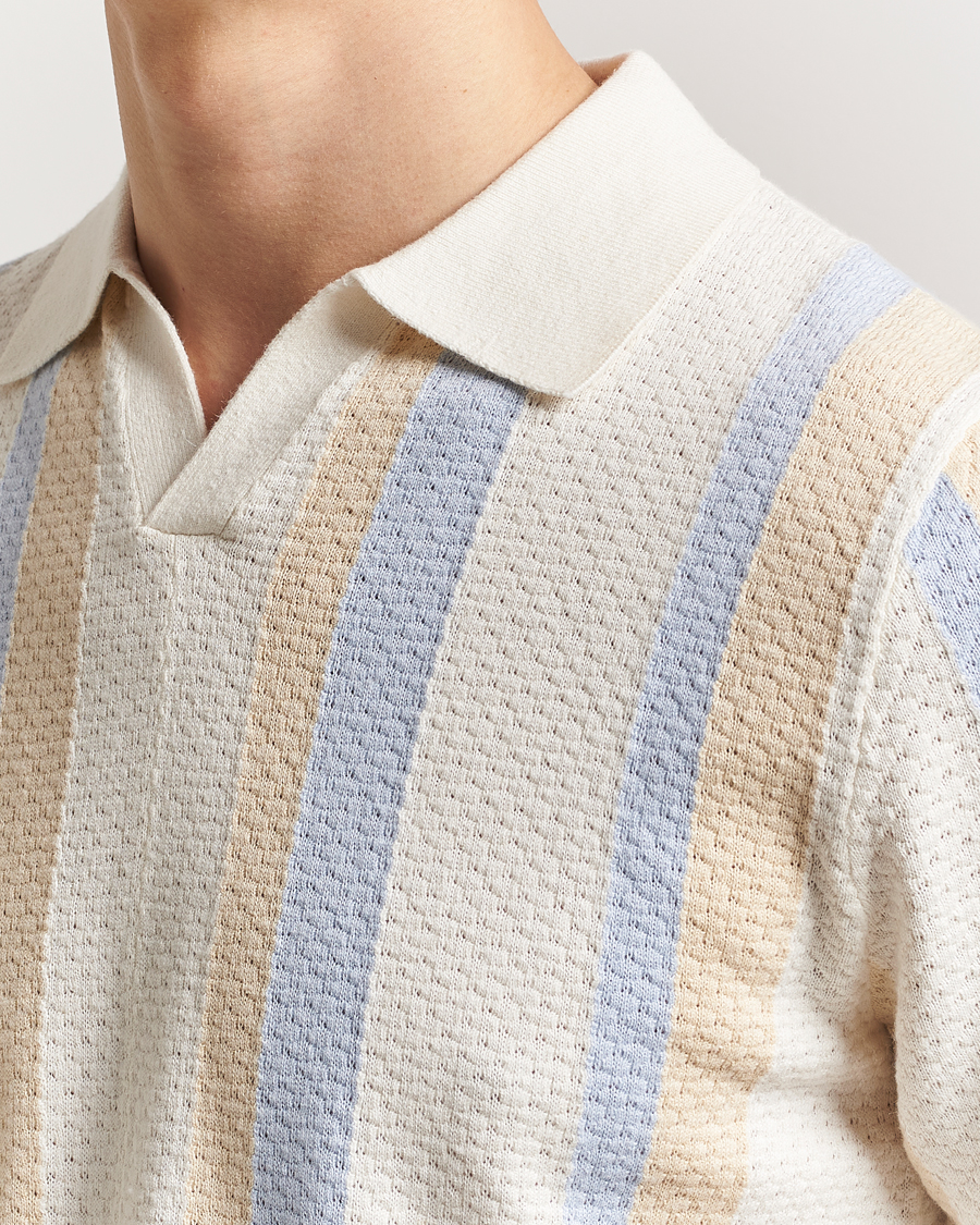 Mies | Pikeet | Stenströms | Knitted Textured Striped Cotton/Hemp Polo Off White