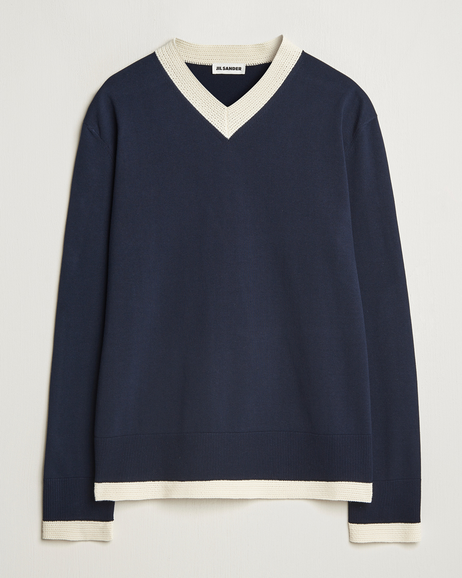 Mies | Puserot | Jil Sander | Contrast Trim V-Neck Sweater Navy