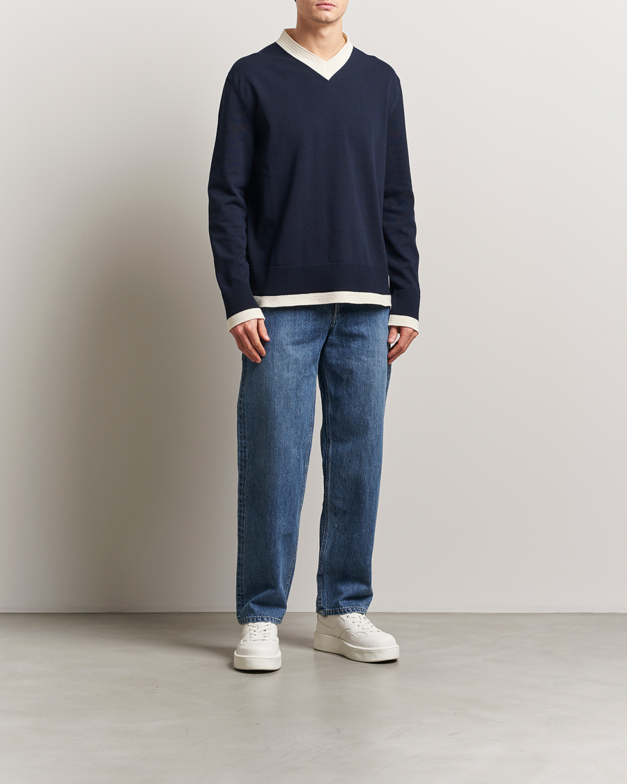 Mies | Puserot | Jil Sander | Contrast Trim V-Neck Sweater Navy
