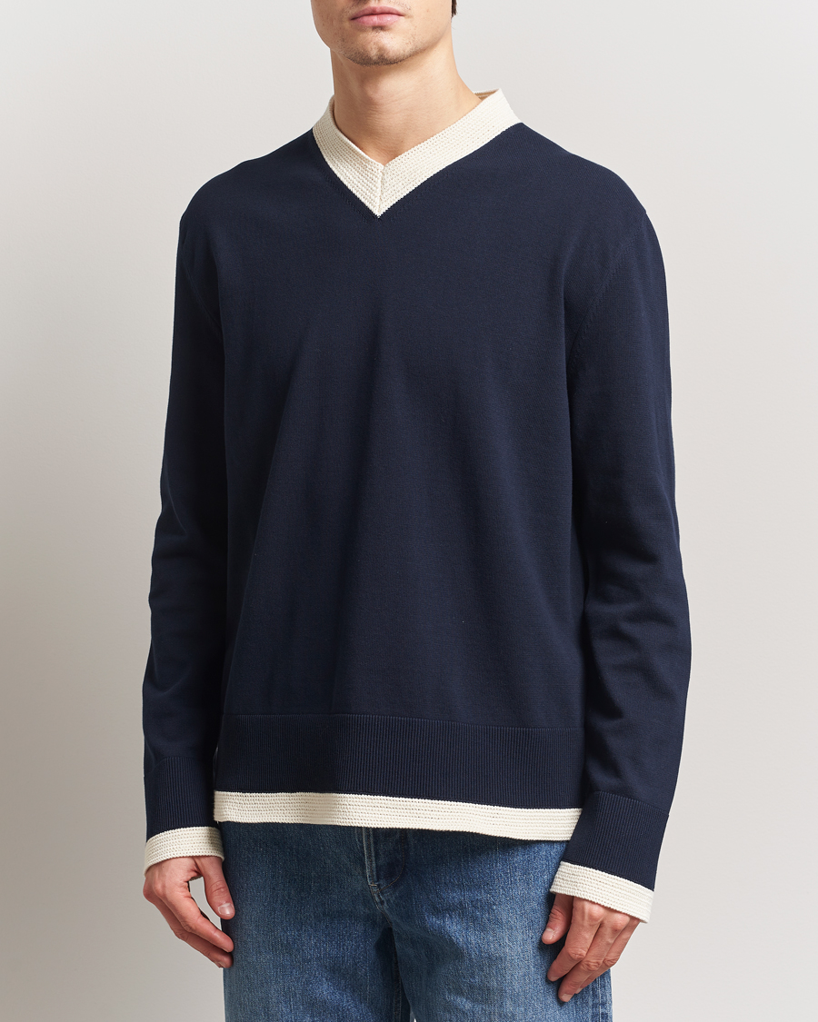 Mies | Puserot | Jil Sander | Contrast Trim V-Neck Sweater Navy