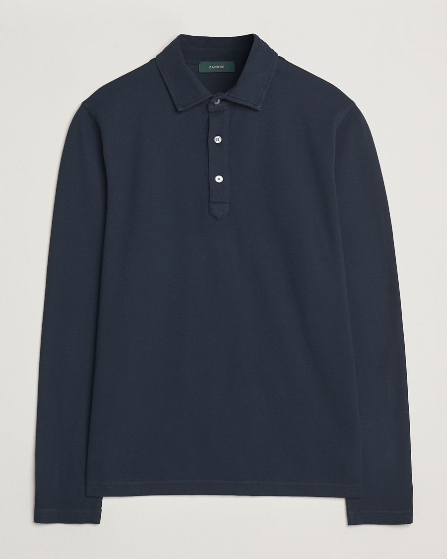 Mies | Puserot | Zanone | Soft Cotton Piquet Long Sleeve Polo Navy