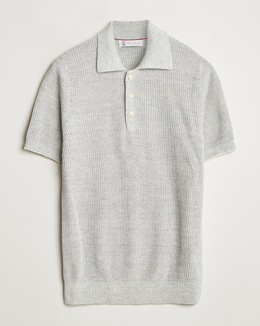 Mies | Pikeet | Brunello Cucinelli | Linen Rib Knitted Polo Pearl Grey