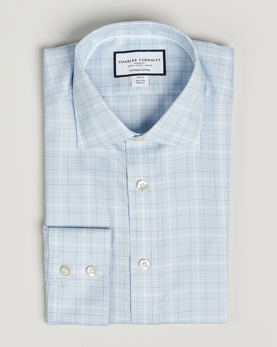 Mies | Kauluspaidat | Charles Tyrwhitt | Egyptian Cotton Pow Check Shirt Green/Blue