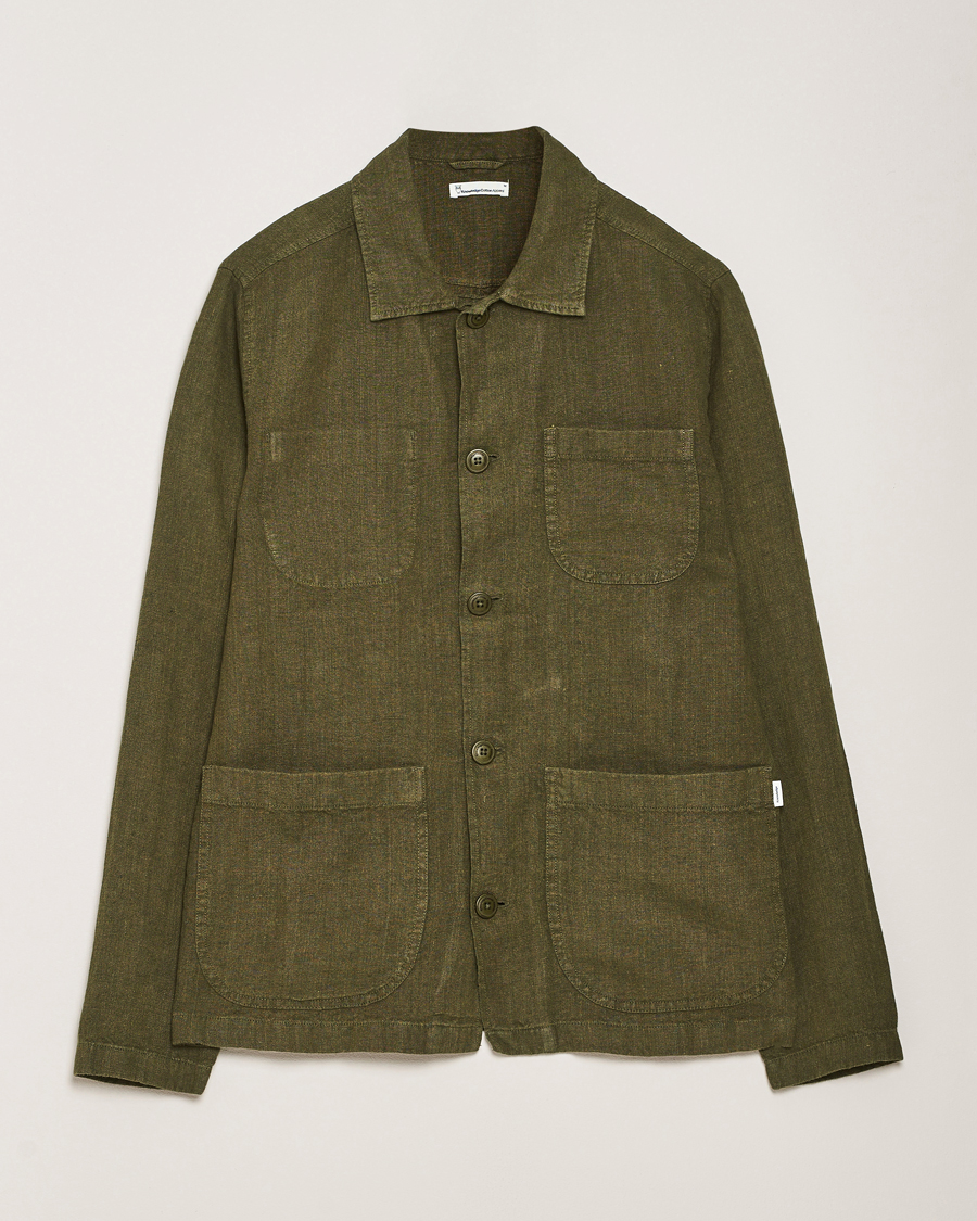 Mies | Kauluspaidat | KnowledgeCotton Apparel | Linen Overshirt Burnt Olive