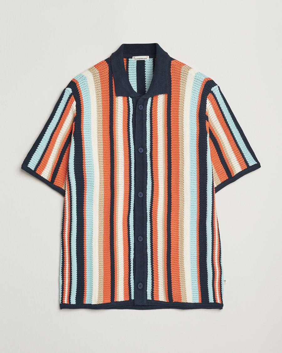 Mies | Kauluspaidat | KnowledgeCotton Apparel | Knitted Multi Stripe Short Sleeve Shirt Blue