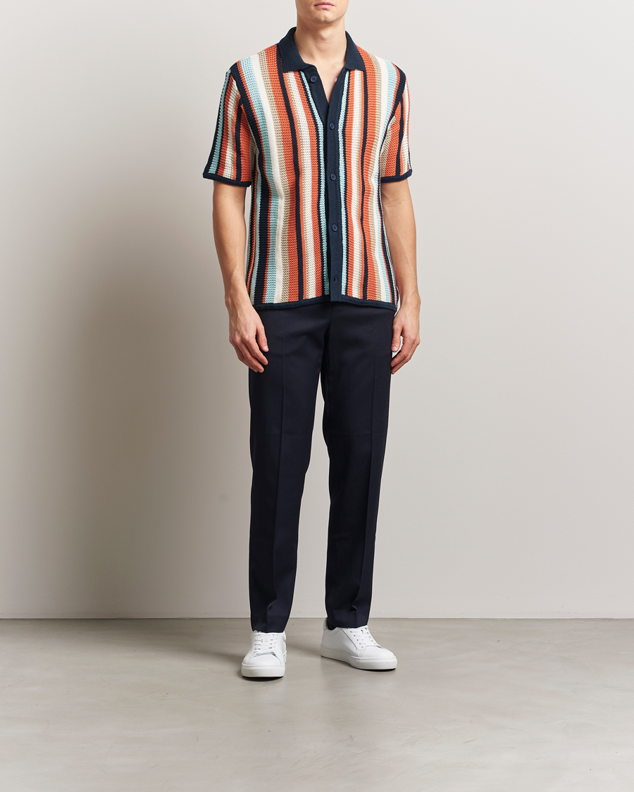 Mies | Kauluspaidat | KnowledgeCotton Apparel | Knitted Multi Stripe Short Sleeve Shirt Blue