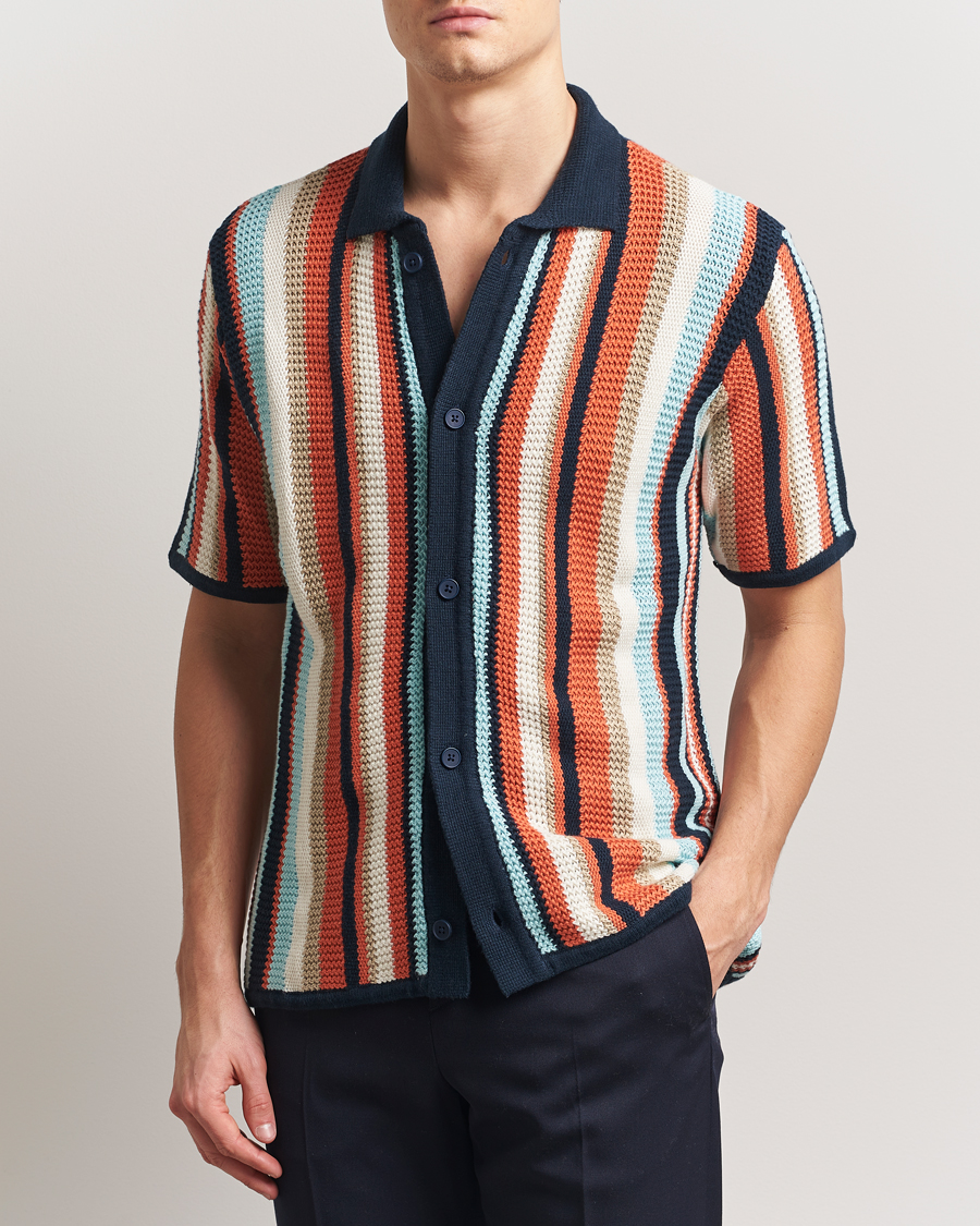 Mies | Kauluspaidat | KnowledgeCotton Apparel | Knitted Multi Stripe Short Sleeve Shirt Blue