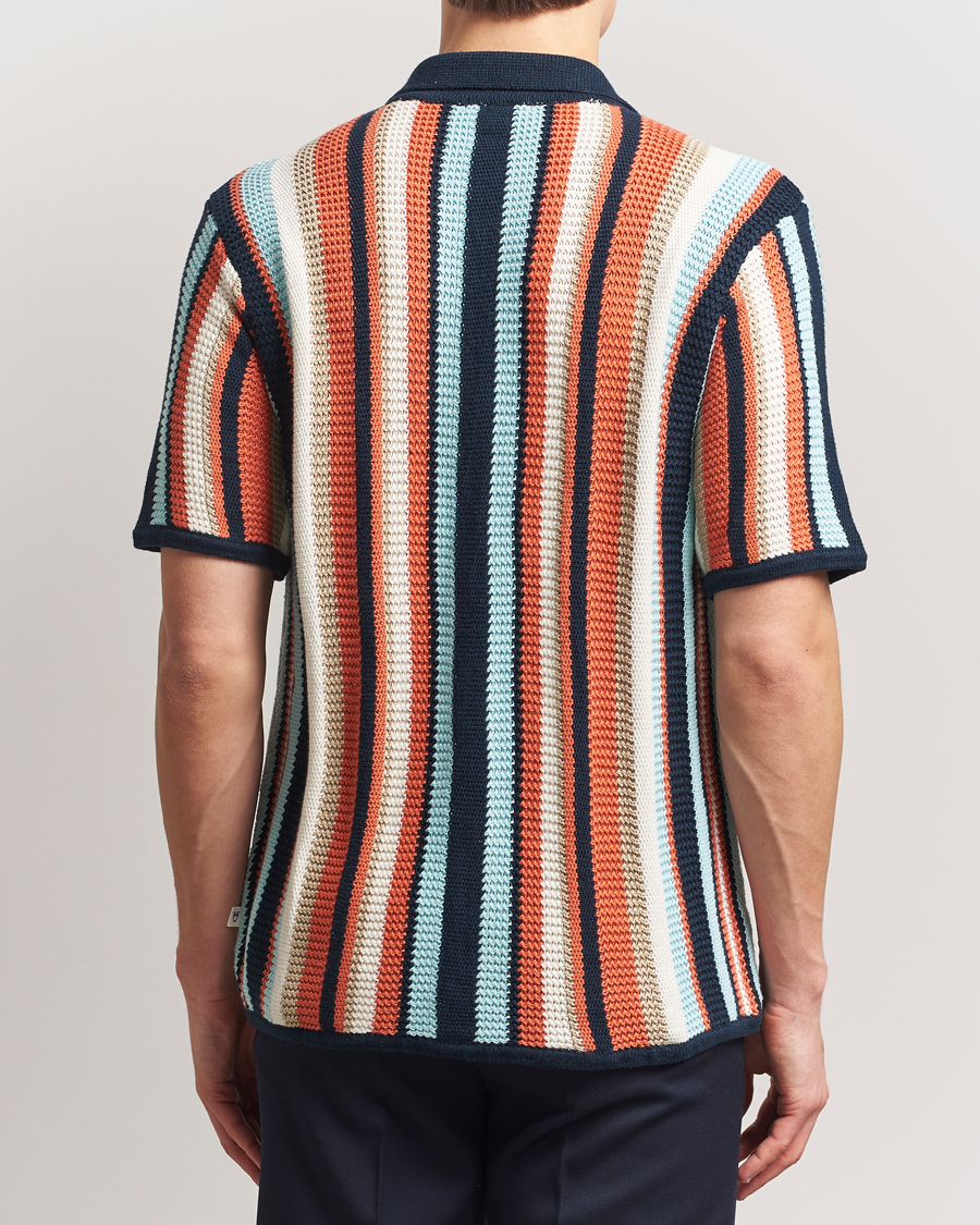 Mies | Kauluspaidat | KnowledgeCotton Apparel | Knitted Multi Stripe Short Sleeve Shirt Blue