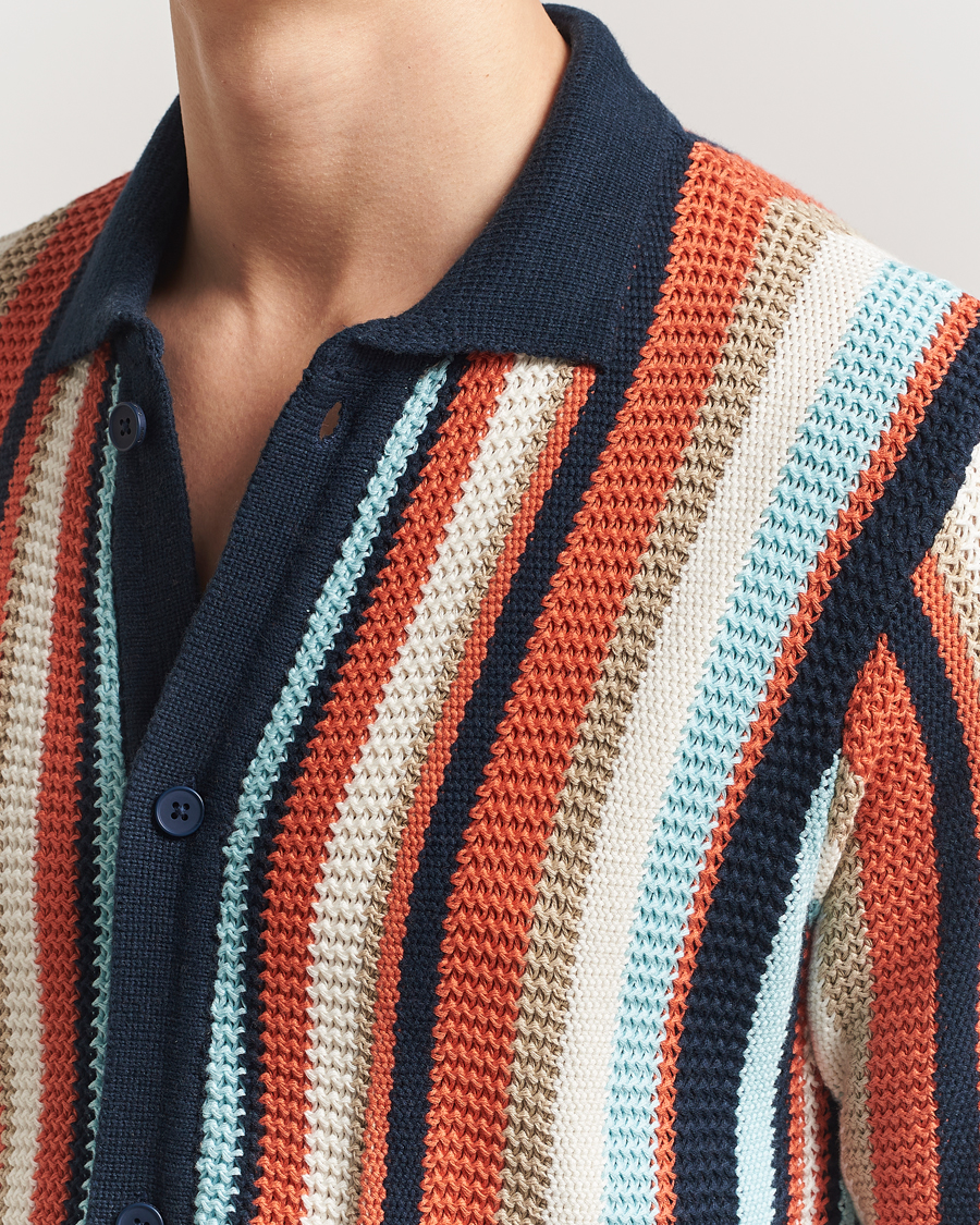 Mies | Kauluspaidat | KnowledgeCotton Apparel | Knitted Multi Stripe Short Sleeve Shirt Blue