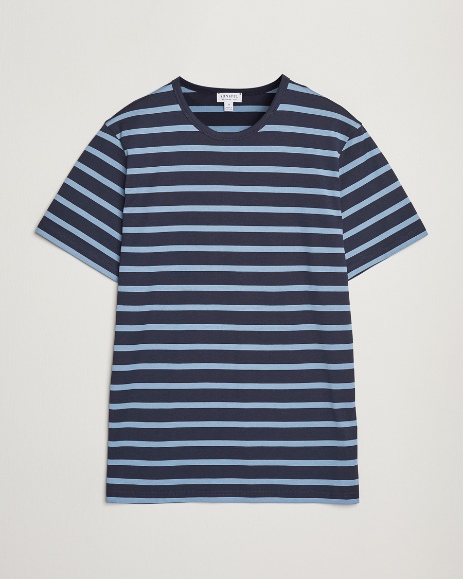Mies | T-paidat | Sunspel | Striped Crew Neck Q82 Cotton T-Shirt Navy/Como Blue