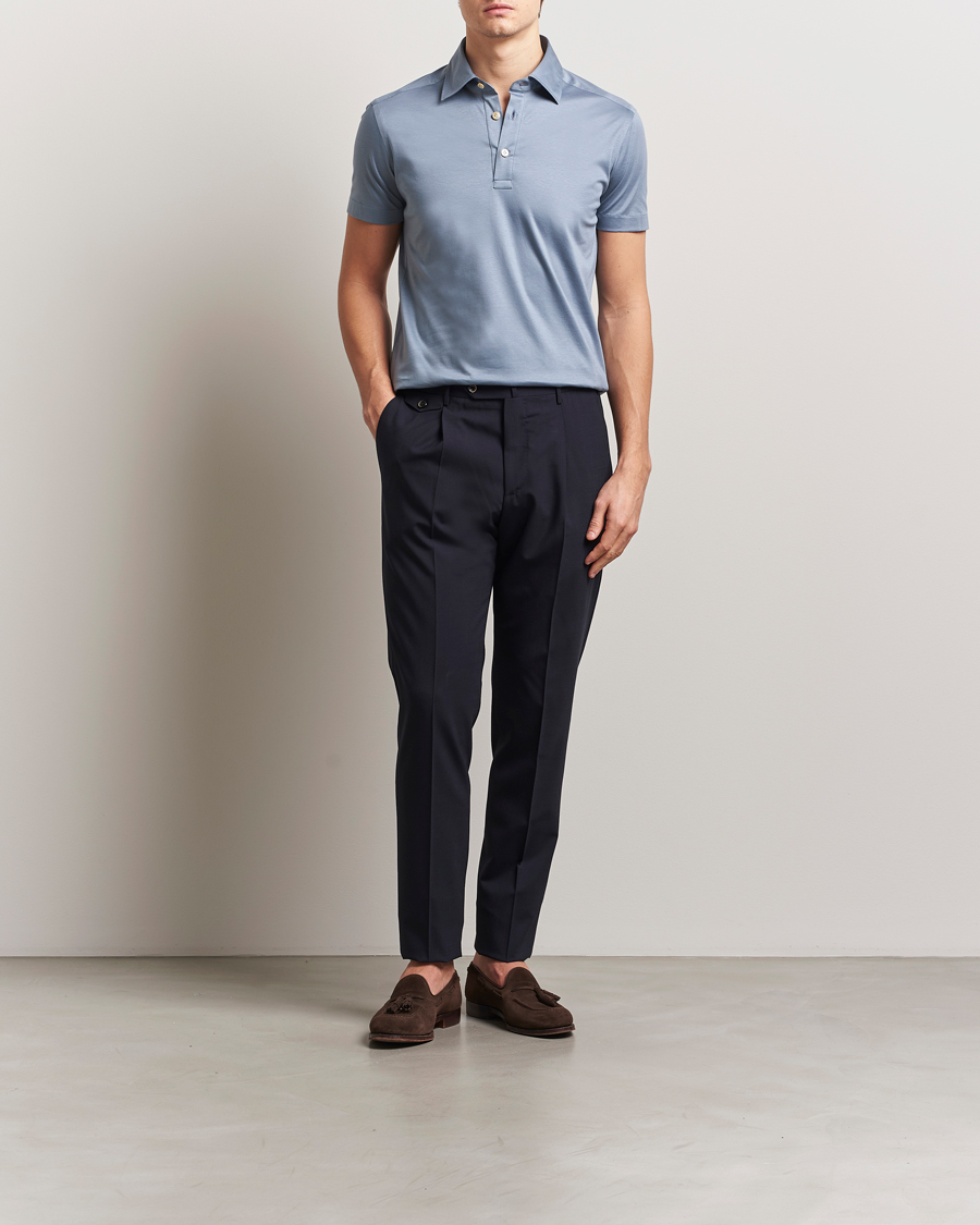 Mies | Pikeet | Kiton | Short Sleeve Jersey Polo Steel Blue