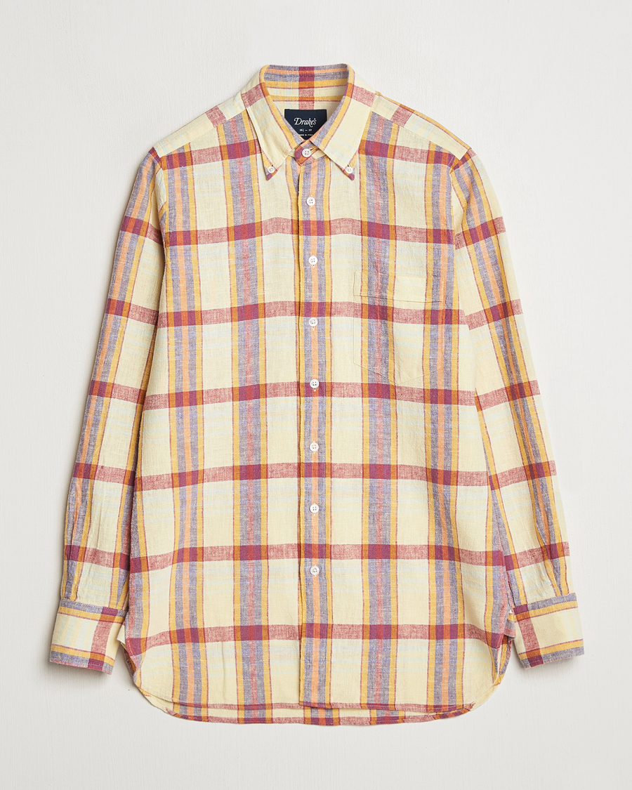 Mies | Kauluspaidat | Drake's | Madras Cotton/Linen Button Down Shirt Yellow/Red/Navy