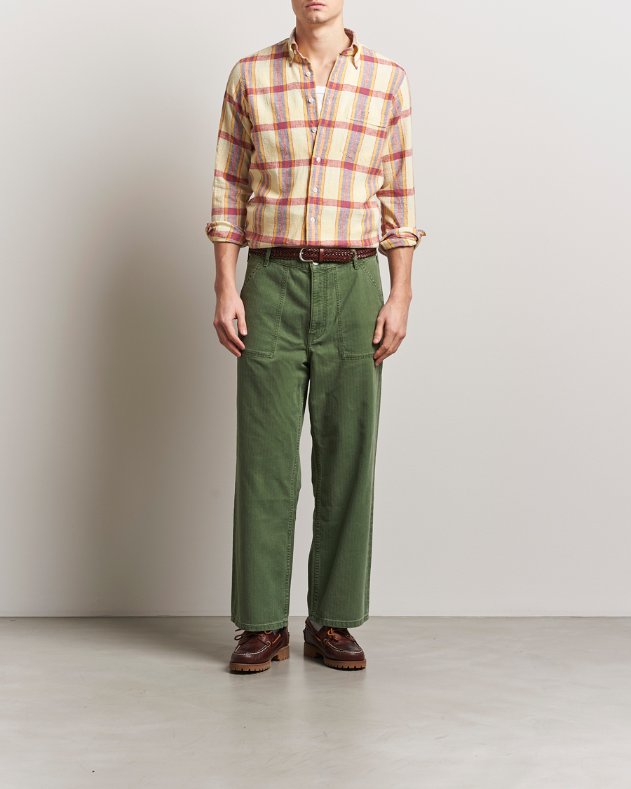 Mies | Kauluspaidat | Drake's | Madras Cotton/Linen Button Down Shirt Yellow/Red/Navy