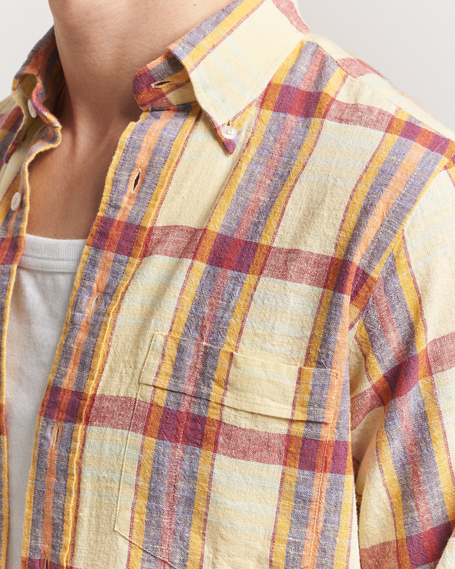 Mies | Kauluspaidat | Drake's | Madras Cotton/Linen Button Down Shirt Yellow/Red/Navy